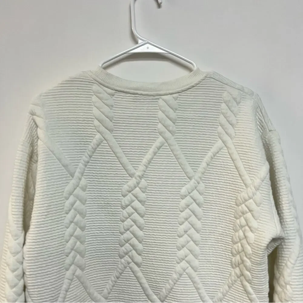 Zara White Quilted Pullover Sweatshirt Sweater Ribbed Knit Crewneck Small